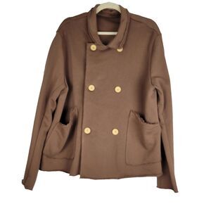 Double Breasted Fleece Peacoat Jacket Brown Taupe Cotton Polyester size XL